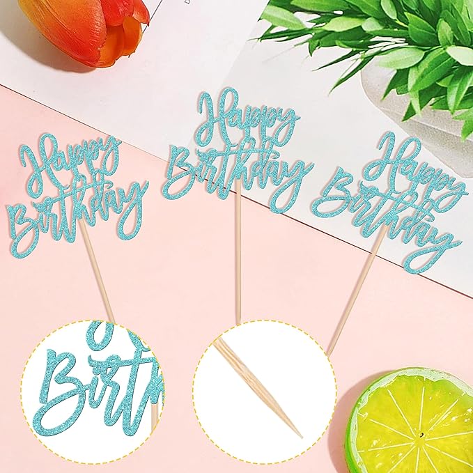 24 PCS Happy Birthday Cupcake Toppers Glitter Picks for Celebrating Anniversary Theme Party Cake Decorations Supplies Light Blue
