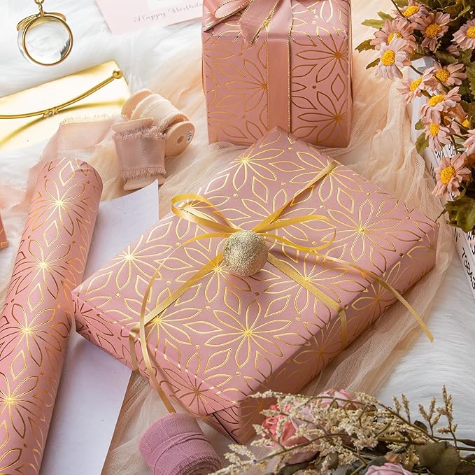Garbendy Pink Wrapping Paper Roll - 17 Inch X 32.8 Feet - Pink Metallic Gold Foil Flower Gift Wrapping Paper for Christmas, Birthday, Baby Shower, Bridal Shower, Party