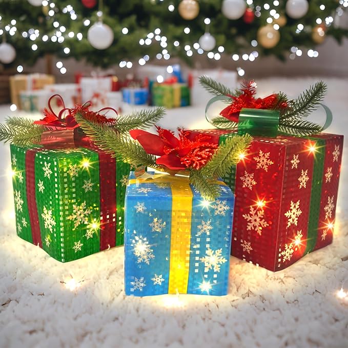 3 Pcs Christmas Lighted Gift Boxes with Bow 60 LED Battery Operated Pre-lit Present Box Decorations for Xmas Holiday Home Outdoor Yard