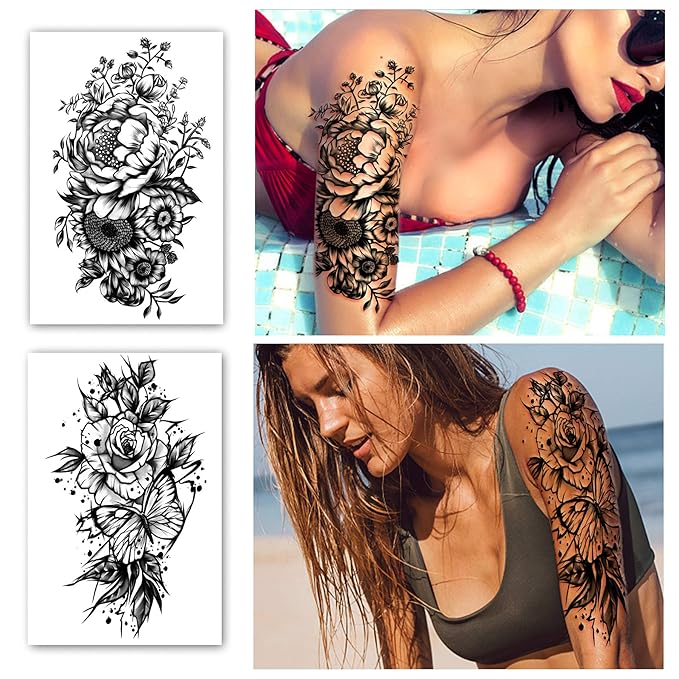 Temporary Tattoo Full Arm 8 Sheets and Half Arm Shoulder Waterproof Fake Tattoos 10 Sheets, Extra Large LastingTattoo Stickers for Girls or Women