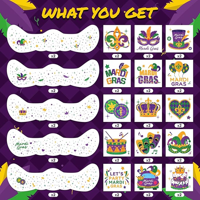 EMOME Mardi Gras Decorations, Mardi Gras Freckles Face Tattoos with Body Glitter Temporary Tattoo Stickers, Mardi Gras Costume Outfit Makeup Accessories Carnival for Women, Girls, Party Favors