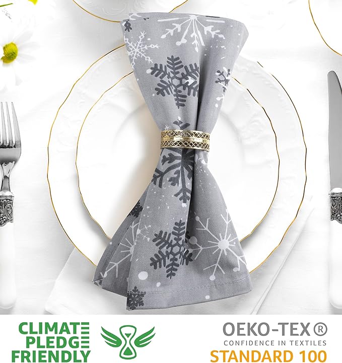 Urban Villa Christmas Dinner Napkins Grey Snowflake Print Cloth Napkins Set of 12 Size 20x20 Inches 100% Cotton Dinner Napkins for Christmas Celebrations Wedding Parties Everyday use Soft Quality