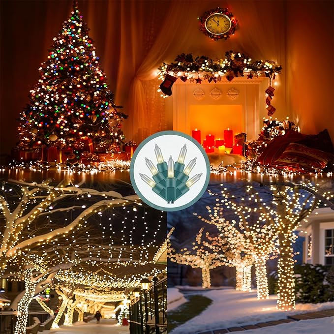 Christmas Tree Lights, 200 Count (2×100) Incandescent, 53ft Green Wire – UL Listed Waterproof Outdoor Connectable Warm White Lights with Spare Bulbs & Fuses, for Yard & Home Décor