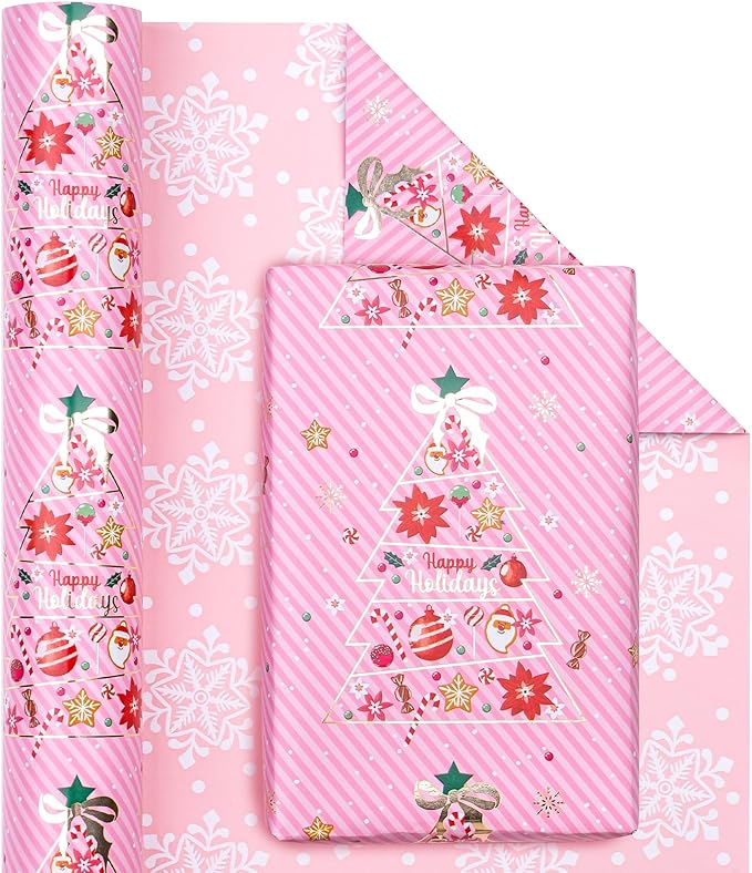 WRAPAHOLIC Reversible Pink Christmas Wrapping Paper - Mini Roll - 17 Inch x 33 Feet - Pink Christmas Tree Wrapping Paper and Snowflake Design for Holiday, Party Celebration