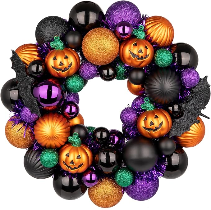 Halloween Wreath for Front Door, 13 inch Small Halloween Ball Wreath with Pumpkins Bats Shatterproof Front Door Wreaths Orange/Purple/Black Ball Ornament for Wall Mantel Porch Indoor Outdoor Decor