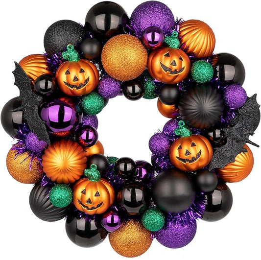 Halloween Wreath for Front Door, 13 inch Small Halloween Ball Wreath with Pumpkins Bats Shatterproof Front Door Wreaths Orange/Purple/Black Ball Ornament for Wall Mantel Porch Indoor Outdoor Decor