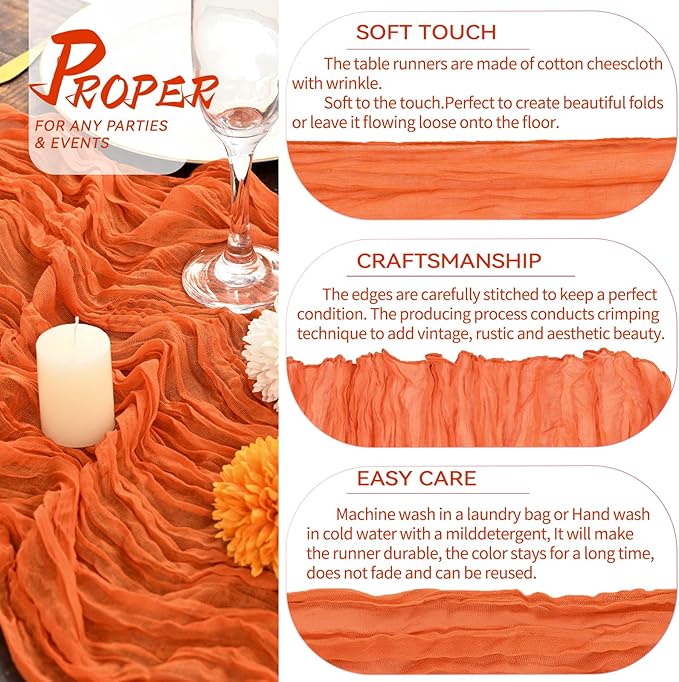 5 Packs Orange Cheesecloth Table Runner, 10Ft x 35" Orange Rustic Gauze Boho Wedding Table Runner Decoration, Wedding Table Decor Table Cloth for Wedding Party Bridal Shower Table