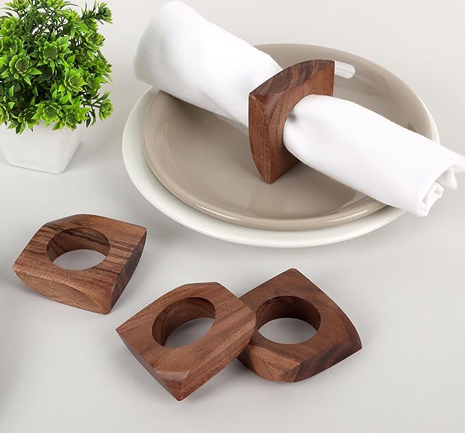 Wooden Napkin Rings Set of 12 Fall Decor for Home Square Acacia Wood Napkin Holders for Dining Table Settings Wood Napkin Ring Rustic Table Décor for Weddings, Parties, and Everyday Use - CLEENTABLE