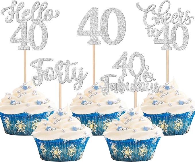 30PCS Happy 40th Birthday Cupcake Toppers Glitter Hello 40 Fabulous Forty Cheers to 40 Years Old Birthday Cupcake Picks for Happy 40th Birthday Anniversary Party Cake Decorations Supplies Silver