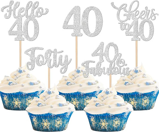30PCS Happy 40th Birthday Cupcake Toppers Glitter Hello 40 Fabulous Forty Cheers to 40 Years Old Birthday Cupcake Picks for Happy 40th Birthday Anniversary Party Cake Decorations Supplies Silver