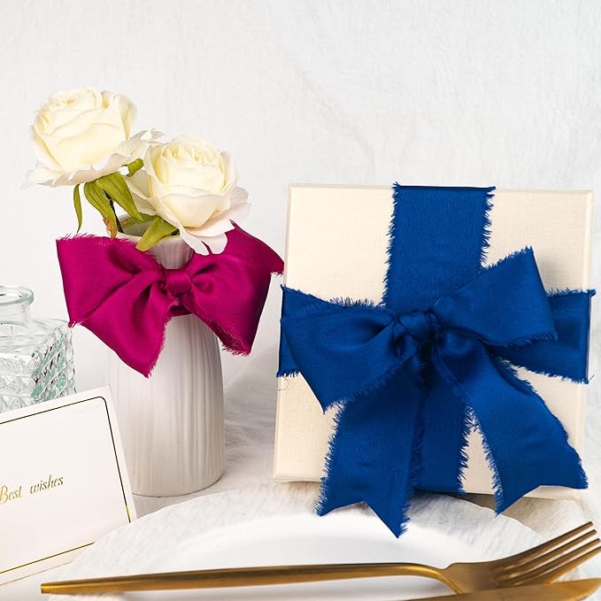 Satin Silk Ribbon, Royal Blue Ribbon for Wrapping, 1-1/2 inch x 15 Yd Handmade Frayed Fringe Ribbons, for Wedding Engagement Graduation Showers Crafts Bouquets Invitation Decor, 3 Rolls