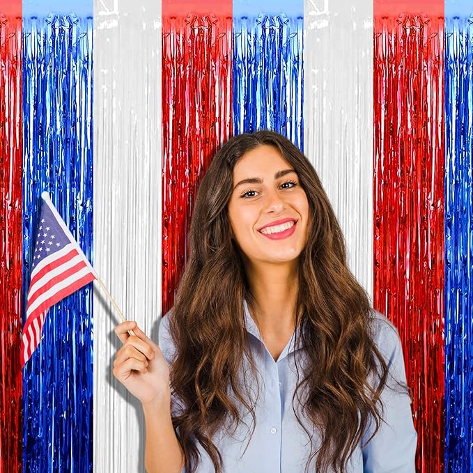4 Pack 3.2Ft x 9.8Ft Foil Fringe Curtain Backdrop, Red Blue White Metallic Tinsel Foil Fringe Streamers Curtains Background for Photo Booth, Birthday, Wedding, Independence Day Party Decoration