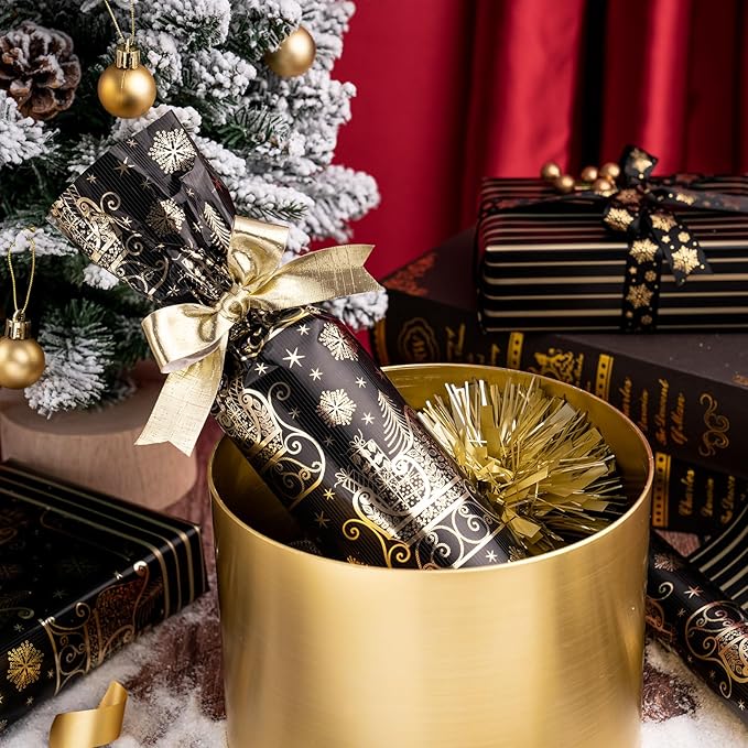 WRAPAHOLIC Reversible Black and Gold Christmas Wrapping Paper - Mini Roll - 17 Inch x 33 Feet - Black Gold Sleigh and Stripe Wrapping Paper with Metallic Foil Shine for Christmas, Holiday, Party