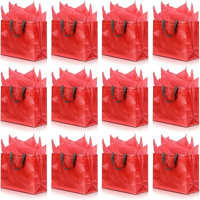 KeerxunBag 12Pcs Reusable Gift Bags（Includes Tissue Paper） Gift bag with handle Birthdays Parties Holidays Weddings Medium 13x5x11in Red Gift Bags
