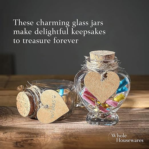 Set of 12 Heart Shaped Glass Jars with Cork Lids by WHOLE HOUSEWARES - Mini Bottles with String and Heart Labels - Small Spell Jars for Wedding Favors, Keepsakes, Potions and Valentine's Day Gifts