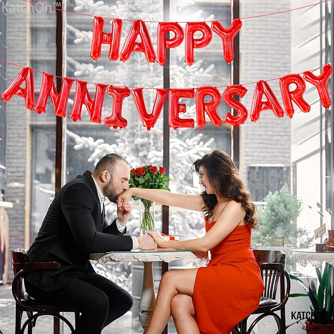 KatchOn, Red 16 Inch Happy Anniversary Balloons | 16 Piece Letter Balloons | Red Anniversary Banner & Backdrop | Self Sealing, Reusable | Ages & Couples