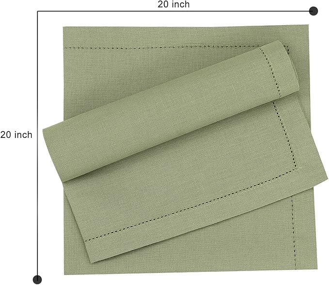 Ruvanti Premium Linen Napkins Set of 4-20x20 Inch, Classic Hemstitch, Mitered Corner Cloth Napkins ‎‎- Soft, Elegant Dinner Napkins Cloth Washable for Weddings, Parties, Everyday Use - Olive