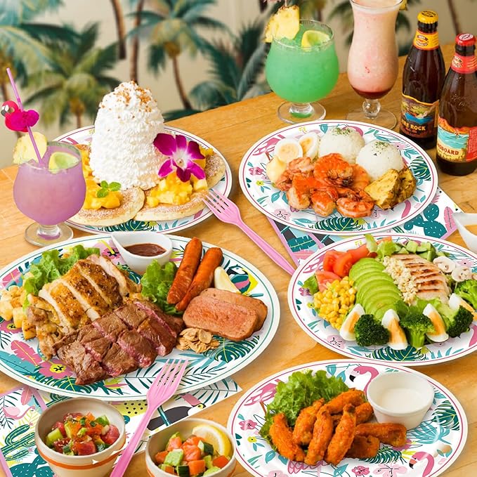 Hawaiian Luau Party Decorations Plates and Napkins Set - Flamingo Party Plates Napkins with Straws Forks Disposable Dinnerware Set for Hawaiian Luau Aloha Tropical Birthday Party Supplies , Serve 25
