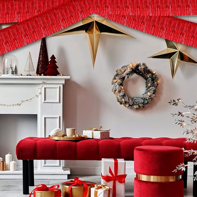 6 Pack 10 Feet Foil Fringe Garland Metallic Tinsel Banner Wall Hanging Curtain Streamers Backdrop for Parade Floats Bachelorette Wedding Birthday Party Thanksgiving Christmas Decorations(Red)