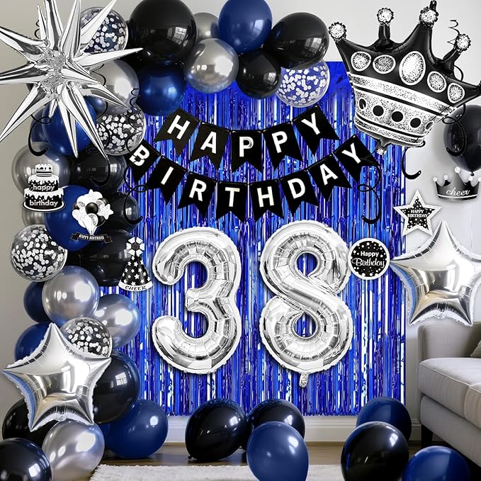 38th Birthday Decorations for Men and Women, Black Blue Silver Happy Birthday Number 38 Balloons, Banner, Fringe Curtains Garland Kit - 38 Year Old Party Supplies