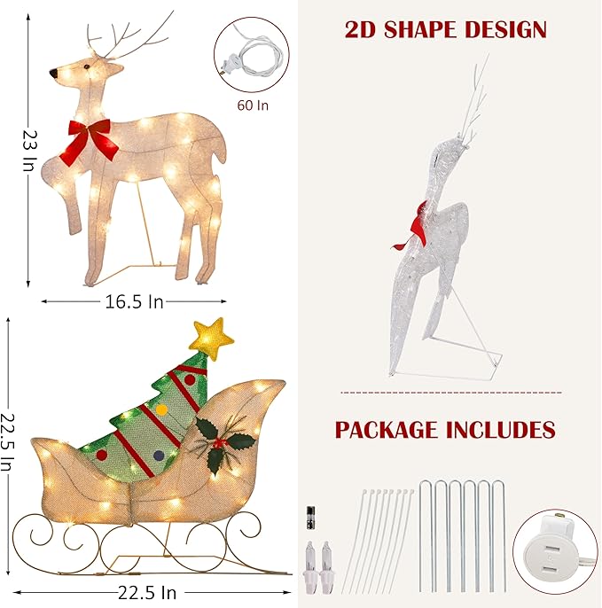 ATDAWN Lighted Christmas Reindeer Sleigh Yard Decoration, 50 Lights Christmas Deer Outdoor Decoration, Light Up Display