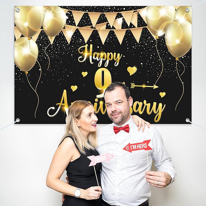 HAMIGAR 6x4ft Happy 9th Anniversary Banner Backdrop - 9 Wedding Anniversary Decorations Party Supplies - Black Gold