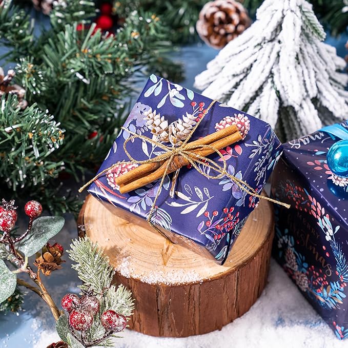 WRAPAHOLIC 30 Inch Christmas Wrapping Paper Roll - Jumbo Roll Drak Blue Bird, Christmas Garland and Snowflake Holiday Collection with Metallic Foil Shine - 4 Rolls - 30 Inch x 120 Inch Per Roll