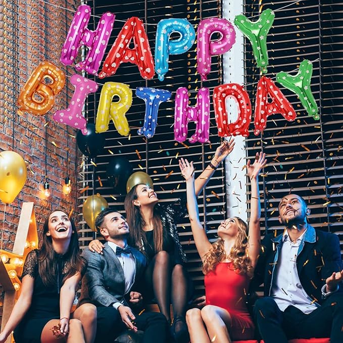 Accevo Colorful Happy Birthday Banner 16 inch Aluminum Foil Letters Balloons Heart Pattern Happy Birthday Balloon for Kids, Child, Adults, Boys & Girls Happy Birthday Sign Birthday Party Decorations