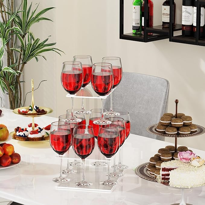 Champagne Tower, Rectangle Acrylic Drink Tower and Cocktail Tree Stand, Wine Rack with 12 Slots, 2 Tiers Floating Sight Champagne Flute Holder for Party, Wedding, School, Celebration, 13.3x9.4x14.9 inch, 2Pcs