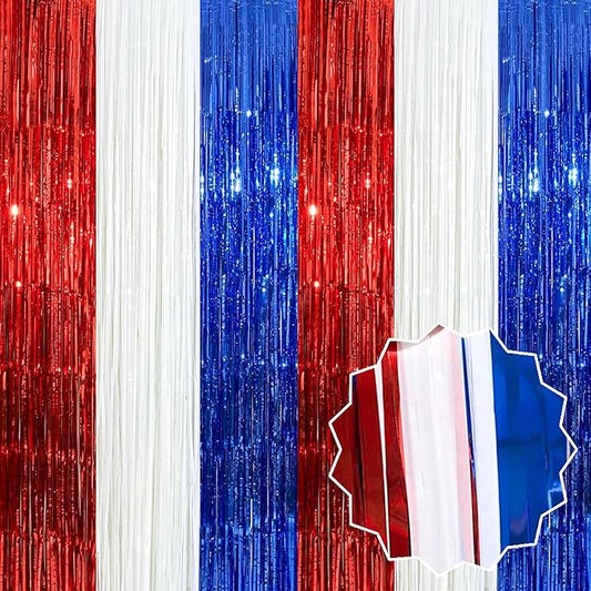 3 Pack White Blue Red Foil Fringe Curtains Backdrop, 3.28 x 6.6 Ft Metallic Streamers Tinsel Curtains Background for Photo Booth, Birthday, Halloween, Christmas, New Year Party Decorations