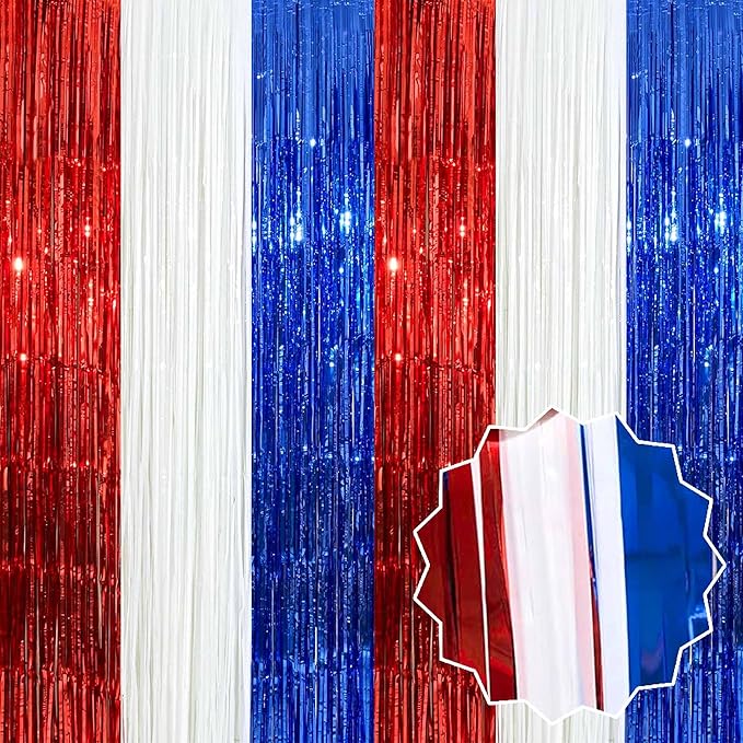 6 Pack White Blue Red Foil Fringe Curtains Backdrop, 3.28 x 9.8 Ft Metallic Streamers Tinsel Curtains Background for Photo Booth, Birthday, Halloween, Christmas, New Year Party Decorations