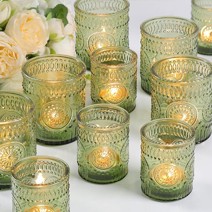 Volens 20pcs Assorted Green Votive Candle Holders Bulk, Large Glass Votive & Tea Light Candle Holder for Wedding Table Centerpieces, Green Party Decorations, and Home Decor