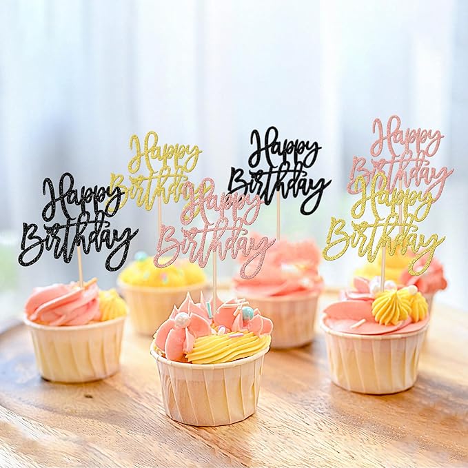 24 PCS Happy Birthday Cupcake Toppers Glitter Happy Birthday Cupcake Picks for Celebrating Anniversary Theme Party Cake Decorations Supplies Gold Black Rose Gold