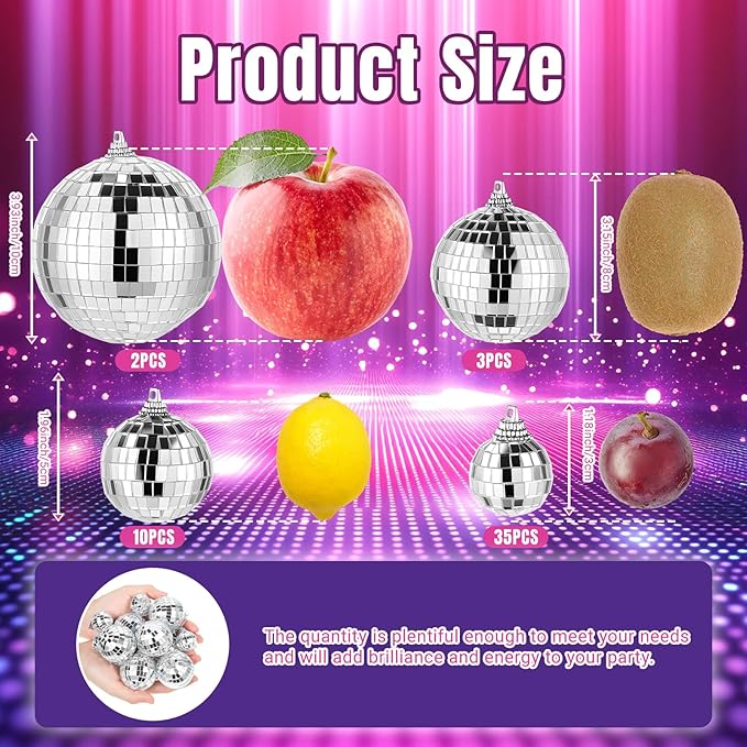 50 Pcs Disco Ball Decor Mirror Silver Disco Balls Hanging Ornaments Mini Disco Cake Topper for Home Wedding Birthday Dance Music 70s Themed Party Christmas Tree Ornaments (1.2'',2'',3.2'',4'')