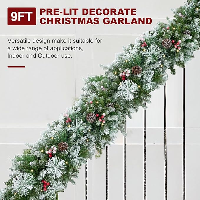 9ft Artificial Christmas Snow Garland with 50 led Lights Timer, Pine Cone, Christmas Red Berry Garlands Battery Powered Outdoor String for Mantle Stairs Railing Fireplace Door