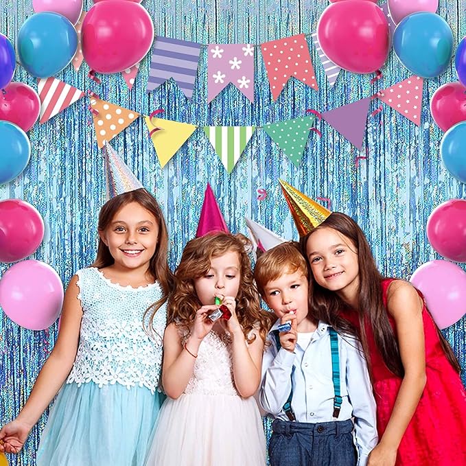 3 Pack Light Blue Foil Fringe Curtains Backdrop, 3.28 x 8.2 Ft Metallic Streamers Tinsel Curtains Background for Photo Booth, Birthday, Christmas, Halloween, Thanksgiving, New Year Party Decorations