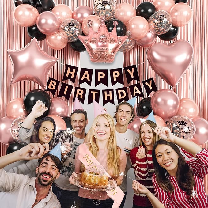 Rose Gold Birthday Decorations - Black & Rose Gold Balloons, Happy Birthday Banner, Sash, Cake Topper, Fringe Curtain & Foil Balloons for Girls' Party Supplies