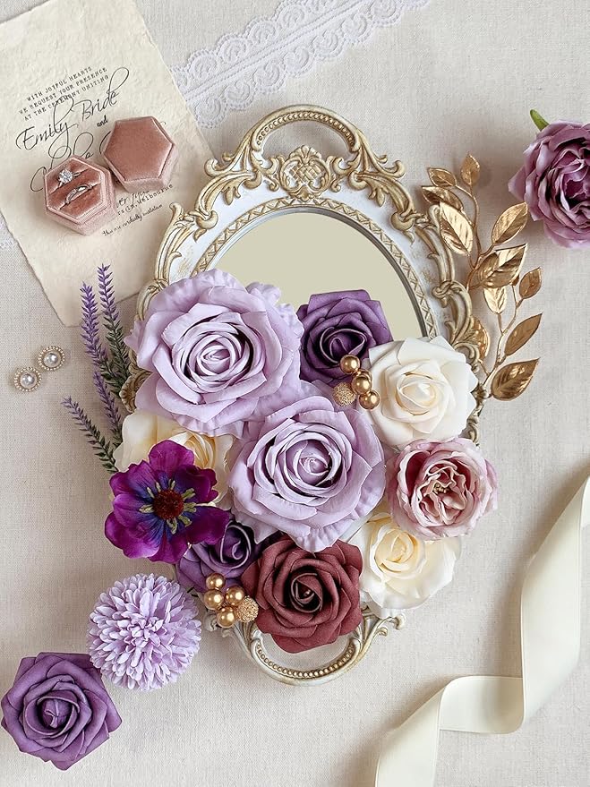 Roses Artificial Flowers Purple Fake Flower with Stems Bulk for DIY Wedding Bouquets Bridal Baby Shower Centerpiece Table Decorations Silk Faux Floral Arrangements for Party Home Decor Indoor