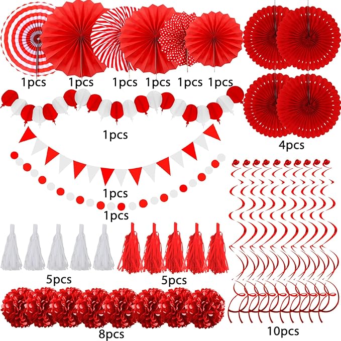ZERODECO Party Decorations, 41 Pcs Red Papar Fans Pompoms Garlands String Tissue Paper Tassel for Graduation Congrats Grad New Years Spring Festival Wedding Birthday Party