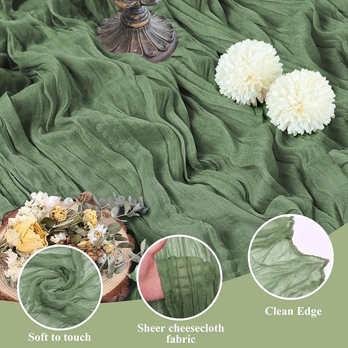 Asee'm Cheesecloth Table Runner 120 Inches Sage Green Boho Gauze Cheese Cloth Runner 10FT Rustic Sheer Fall Table Runners for Thanksgiving Wedding Baby Shower Holiday Party Decoration