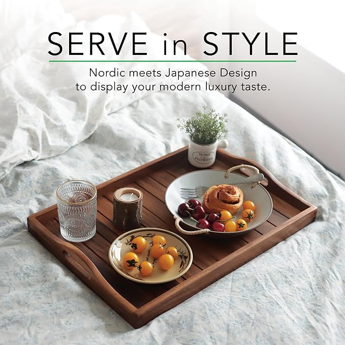 Large Acacia Wooden Serving Tray with Handles 20 x 14 inch Decorative Coffee Table Ottoman Tray for Living Room Extra Large for Kitchen Dinner Food Bar Breakfast in Bed (Color Natural)