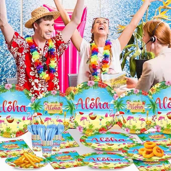 140pcs Luau Party Supplies Party Tableware for Aloha Hawaiian Party Decorations Dinnerware Set Serves 20 + Guests for BBQs & Summer party