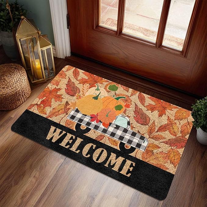 Fall Welcome Maple Leafs Decorative Door Mat, Autumn Thanksgiving Doormat for Indoor Outdoor Entrance Floor Mats,Fall Pumpkins Non Slip Harvest Vintage Decor Rubber Welcome Mats 16" x 24" Inch