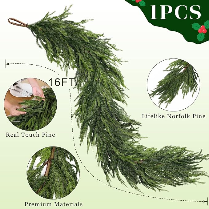 Real Touch Christmas Norfolk Pine Garland - 16ft Artificial Christmas Garland Fake Pine Needles Faux Green Garland for Fireplace,Table,Window,Stairs,Mante,Holiday Indoor Outdoor Xmas Decor(1PCS)