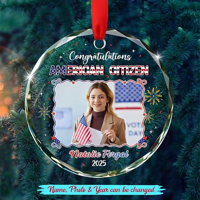 Personalized Congratulations American Citizen Ornament with Name & Photo, Upload Photo New American Citizen Xmas Tree Ornaments 2025, Customized Glass Christmas Ornament Gifts for Men Women Citizens