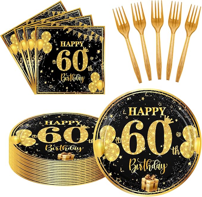 60th 7 inch Birthday Party Paper Plates and Napkins Forks 60 pcs Black Gold Decorations for Boys Girls Tableware Set for Birthday Anniversary Party Supplies,Serve 20