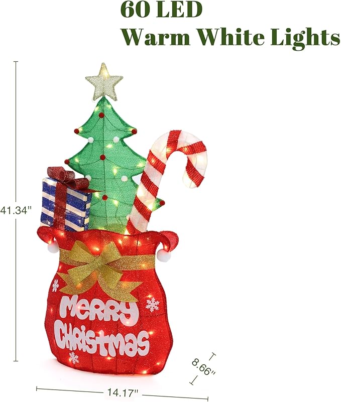 LuxenHome 3.5FT Lighted Christmas Outdoor Decorations, Colorful Santa's Gift Bag Indoor & Outdoor Holiday Yard Decor with 60 LED Lights, Plug-in Xmas Ornament for Holiday, Porch, Lawn, Garden Display