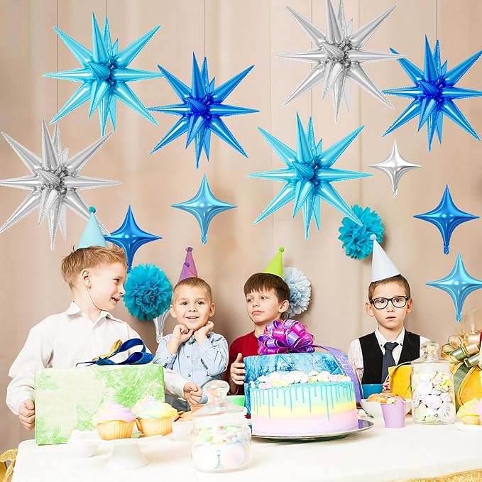 18 Pcs Blue Silver Star Balloons, Silver and Blue Balloon with 6 Pcs 22-Inch Explosion Star Balloons 12Pcs 10-Inch Four Pointed Stars Foil Balloon for Boys Baby Shower Birthday Party Decoration