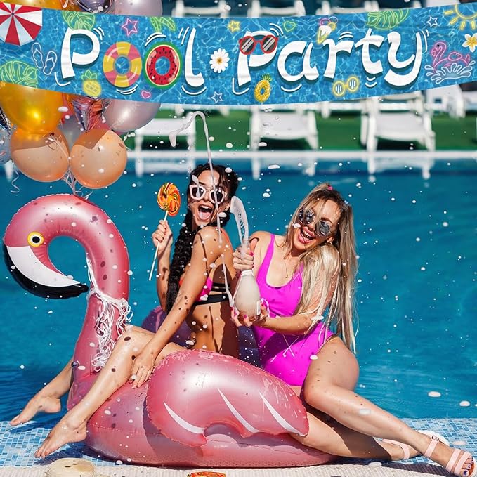 Swimming Pool Party Banner for Summer Party Decorations, Summer Themed Hawaiian Outdoor Party Decorations, Baby Shower Birthday Swimming Pool Party Supplies(Pool Party Blue)