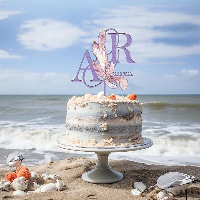 Personalized Boho Wedding Cake Topper in Wood Custom Bride and Groom Initial Cake Topper Wedding Date Cake Decoration (Boho Feather)